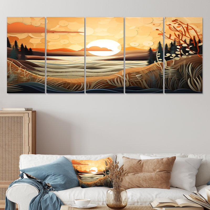 Arbres d'automne et plantes sous un coucher de soleil chaud - paysage abstrait, art mural, 5 pièces, H 28 po x l 60 po