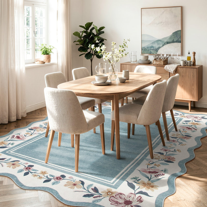  Floral Scalloped Rug Vintage Boho Washable Area Rug Soft Bedroom Rugs Non-Slip Throw Carpet, Rectangle 8' x 10'