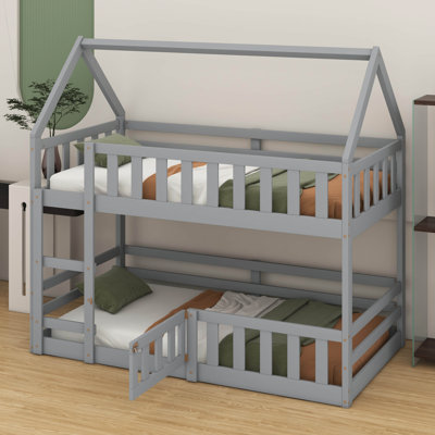 Twin Over Twin Bunk Bed, Wood Twin Size House Bed With Fence And Door