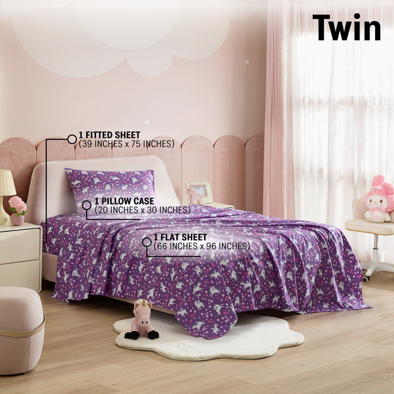 HLC.ME Purple Unicorn Printed Kids Bed Sheets - 3 Piece Patterned Bed Sheet Set - Wrinkle Resistant & Ultra Soft - Fits Mattresses up to 15 Inches Deep - Twin