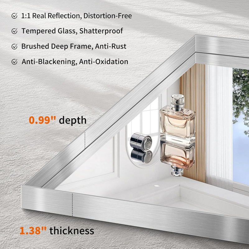 Miroir de salle de bain, miroir rectangulaire de 36 po x 60 po avec cadre en métal profond, finition brossée, verre trempé, grand miroir mural, sur 2 lavabos, installé verticalement / horizontalement, transparent