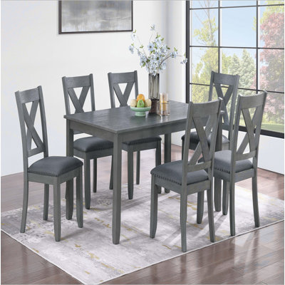 Grey Finish Dining Table 6x Chairs 7pcs Dining Set Cushion Seat Nailhead X-Cross Back Chairs Dining Room Furniture Modern Style
