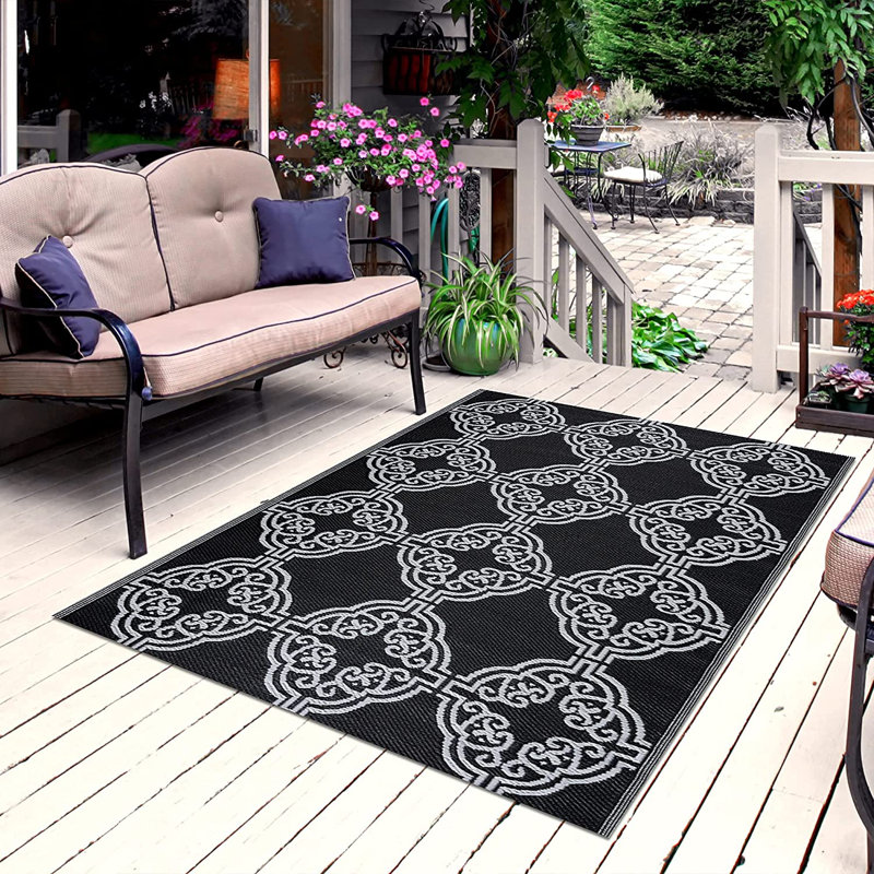 Tapis oriental noir / blanc tissé à la machine Ancha, Rectangle 6 pi x 9 pi
