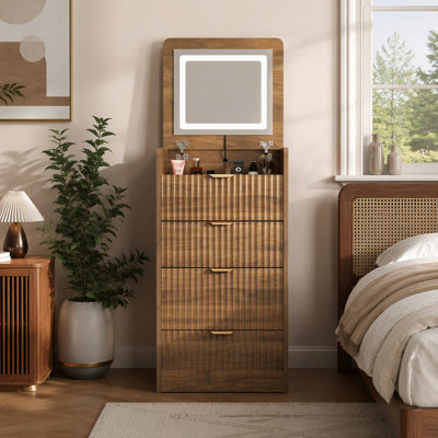 Meuble-lavabo 3 en 1 avec 3 tiroirs et tabouret à roulettes, meuble-lavabo compact avec miroir et lumières