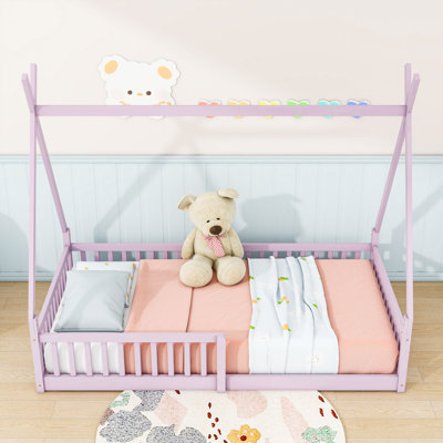 Twin Wooden House-Shaped Bed With Slats And Guardrail