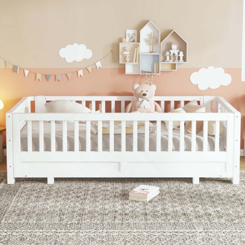 Lit plateforme avec garde-corps, structure de lit simple en bois massif, peut être converti en lit plateforme simple, Blanc