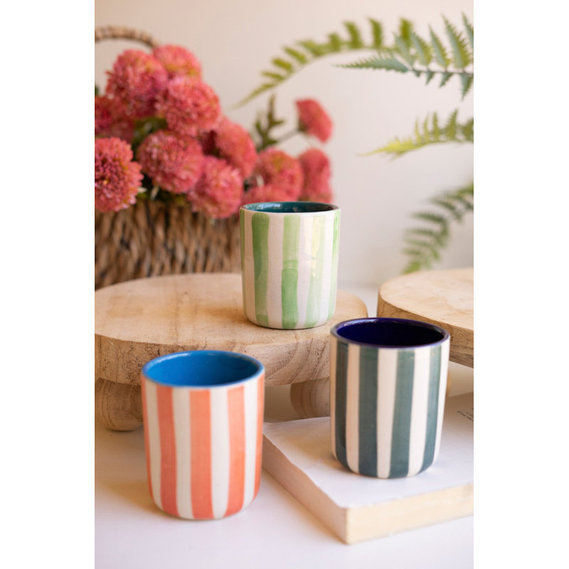 Kalalou Hand Painted Ceramic Cups, Set of 3 Striped Table Accents 3.5" Tall