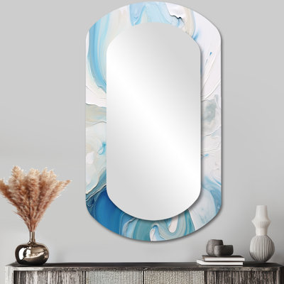 Bleu et gris Elixir V éthéré - miroir mural décoratif asymétrique abstrait, miroir cylindrique moderne, impression d'art en métal