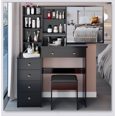 Table de meuble-lavabo de taille moyenne de 37 pouces avec tabouret rembourré, très grand miroir coulissant, rangement multicouche et design tendance pour les chambres à coucher modernes