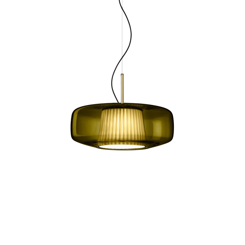 Plisse' Suspension G Smoky Pongee Silk_Plisse' Matt Steel L22cc Ul, Old Green Pongee Silk, Matte Steel, 3000 Kelvins