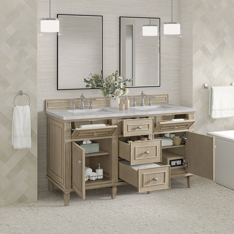 Lorelai 60'' W Double Vanity, Whitewashed Oak, Victorian Silver Silestone, 8" Widespread