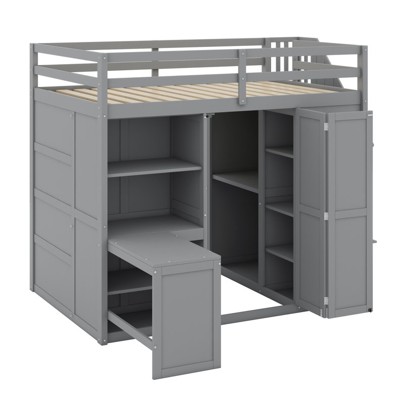 Lit mezzanine avec garde-robe, bureau et tablettes, Gris