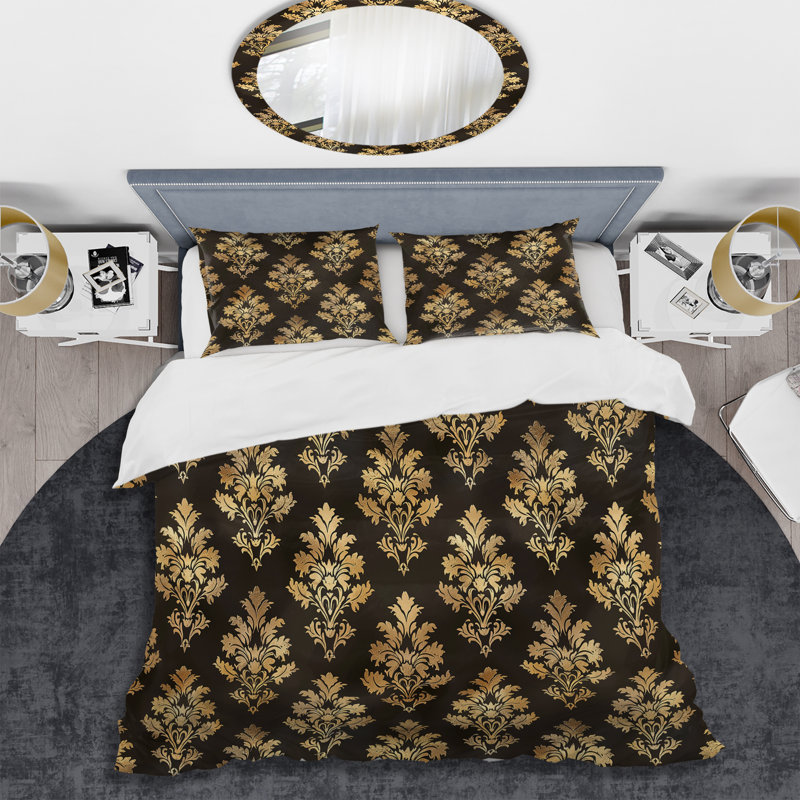 Ensemble de housse de couette brun doré damassé Glam Patten II - Glam, Housse de couette simple + 2 taies décoratives st