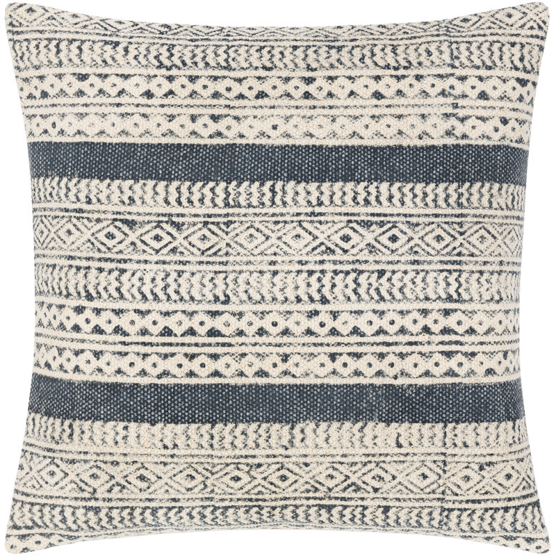 Oreiller carré en coton Zetta, 20 po x 20 po, Inférieur, Beige / denim