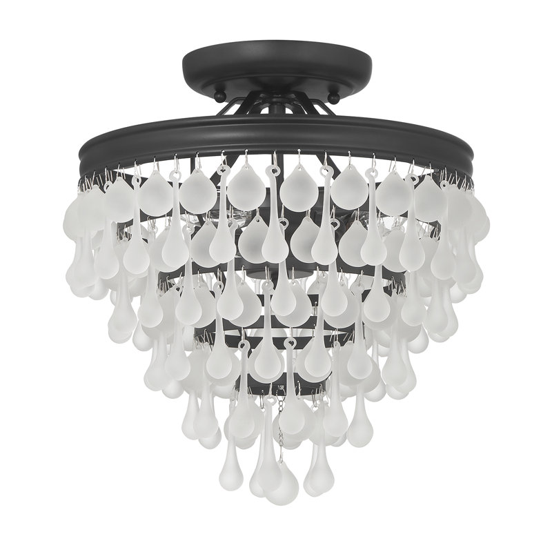 Matte Black Frosted Glass Teardrop 3-Light Semi Flush Mount