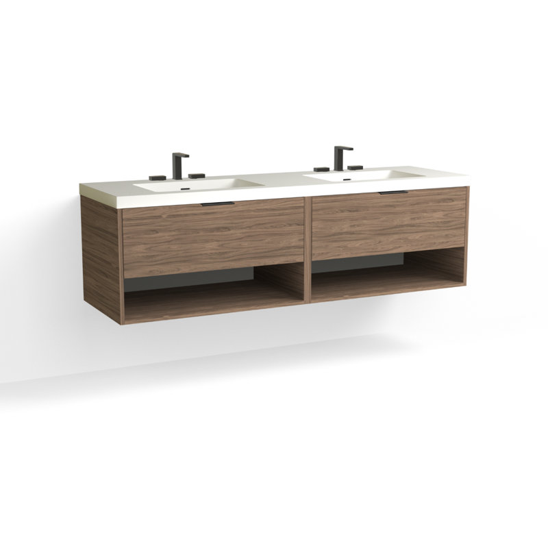 Modo 72" W Wall Mounted Double Bathroom Vanity, White Acrylic, Satin Brass, Glossy White/Single