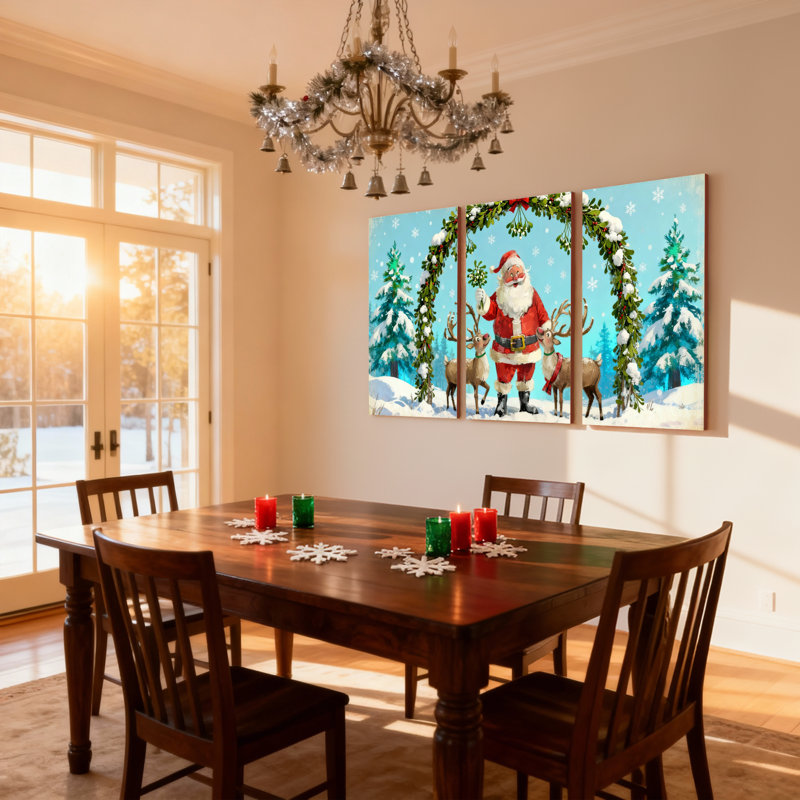 Noël, père Noël avec renne en hiver, ensemble de 3 impressions sur toile, H 24 po x l 48 po
