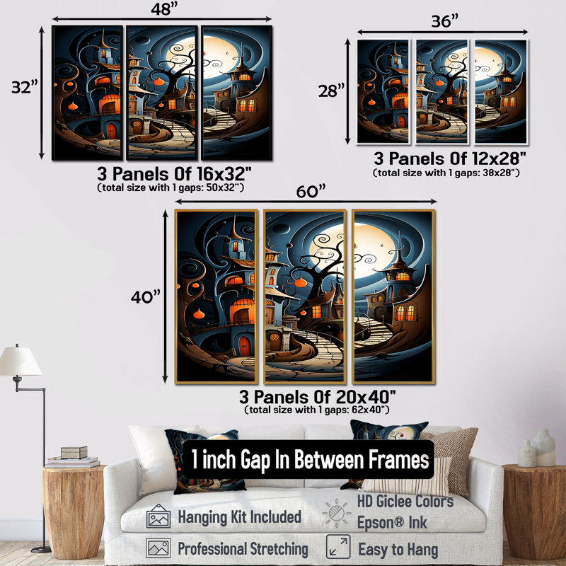 Ensemble de salon Playful Fantasy Town Magical Full Moon - Landscape Wall Art, Cadre flottant brun