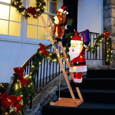 Renne lumineux 5,5 pi et père Noël sur échelle avec 100 lumières DEL, attaches à fermeture éclair