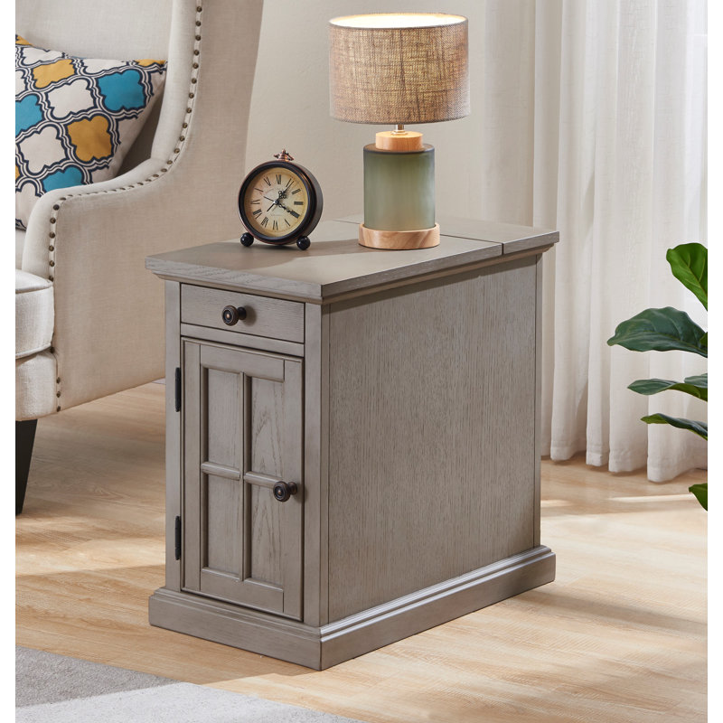 Saldana Solid Wood Top End Table with Storage and Built-In Outlets, Gray