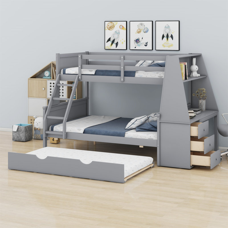 Bunk Bed With Trundle,Built-In Desk,Drawers And Shelf, Gray