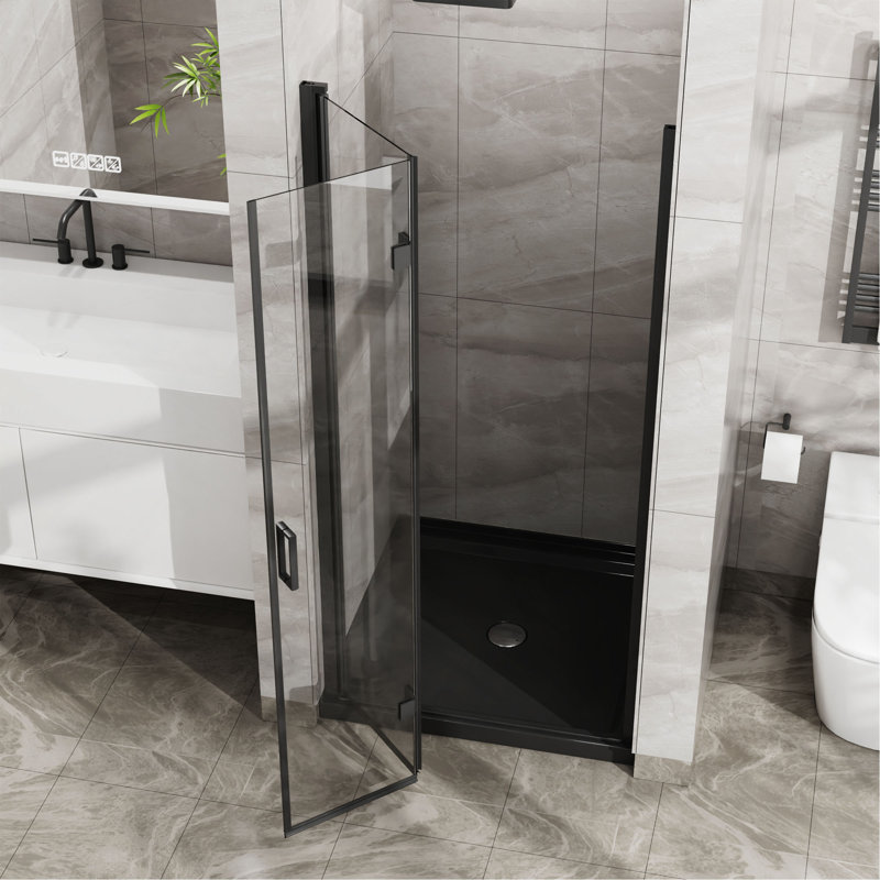 34"X 72" Bifold Frameless Glass Shower Door 1/4 Inch Tempered Clear Glass Pivot Swing Shower Panel, Foldable, Black