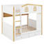 Lit superposé double sur double avec tiroirs et tablettes pour le rangement, cadre en bois avec rails de sécurité en forme de maison