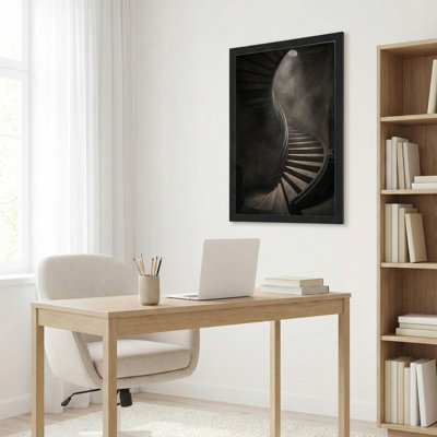 Art mural sur toile noir encadré pour le salon, la chambre à coucher, le bureau ou le vestibule - Décoration murale décorative avec escalier en colimaçon