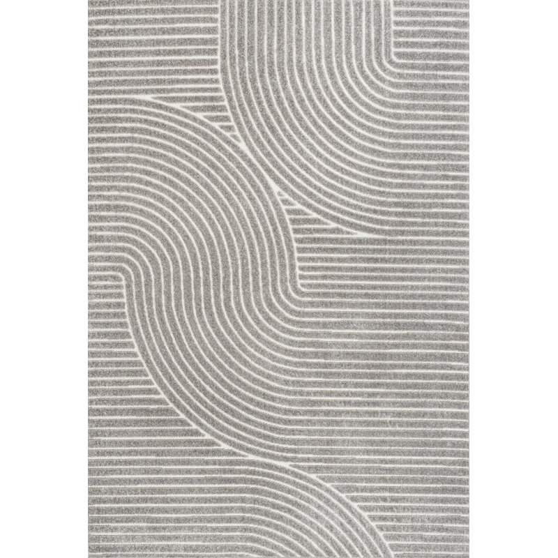 Hallie High-Low Minimalist Curve Geometric Gray/Ivory Indoor/Outdoor Rug, Rectangle 10' x 13'