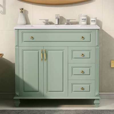 Meuble-lavabo de 36 po avec lavabo, armoire de salle de bain en bois massif vert avec tiroir rabattable, 3 tiroirs et 2 portes, conception élégante avec poignées en métal doré, meuble-lavabo moderne en bois aggloméré pour le rangement de la salle de bain