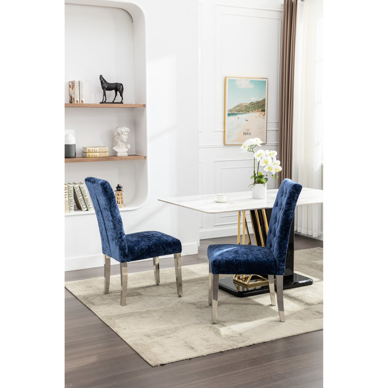 Chenille bleue revêtue de 2 chaises de salle à manger avec un design ergonomique et des pieds réglables de style rectangulaire avec revêtement en acier