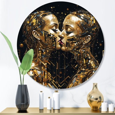 Acrylique Couple s'embrassant I - Art mural rond abstrait en marbre sur métal