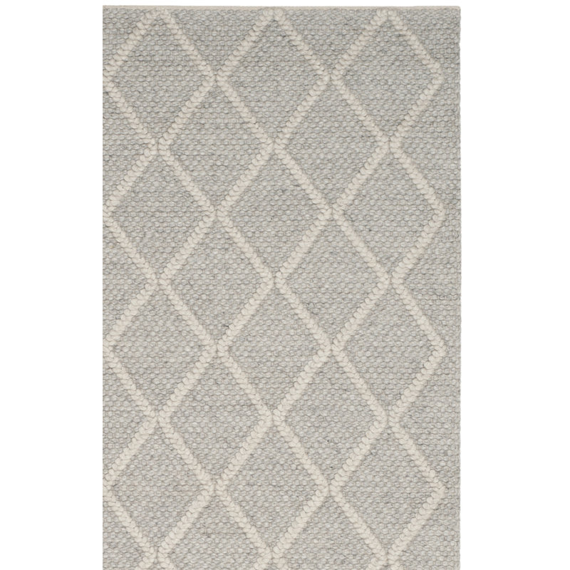 Russo Hand Woven Wool/Viscose Geometric Rug in Silver/Ivory, Runner 2'3" x 14'