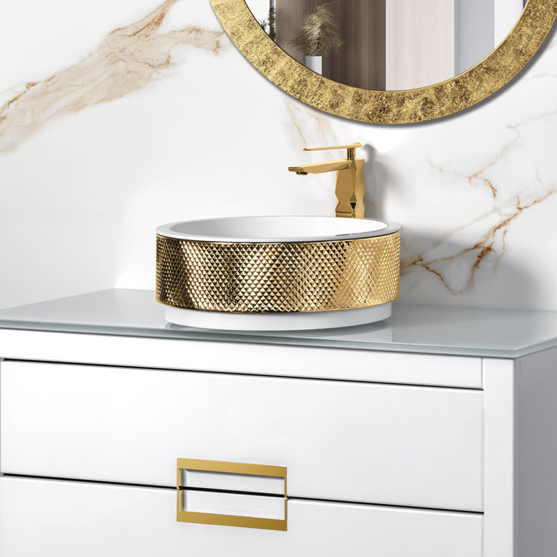 Hive 15.7'' L Bathroom Sink, White/Gold