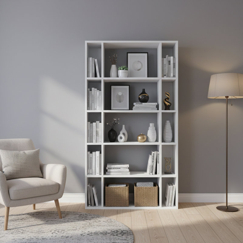 Scandinavian Style Bookshelf, White Color, 35.4 x 9.8 x 64.4 inches | 100% Melamine Coated Particle Board, Thickness: 0.7 inches | Numerous Shelves, Wall-Mountable Design | Perfect for Home or School Use