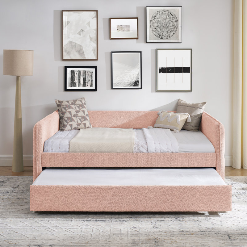 Full Size Daybed with Twin Size Pop-up Trundle Upholstered Bed, Full/Double, Pink