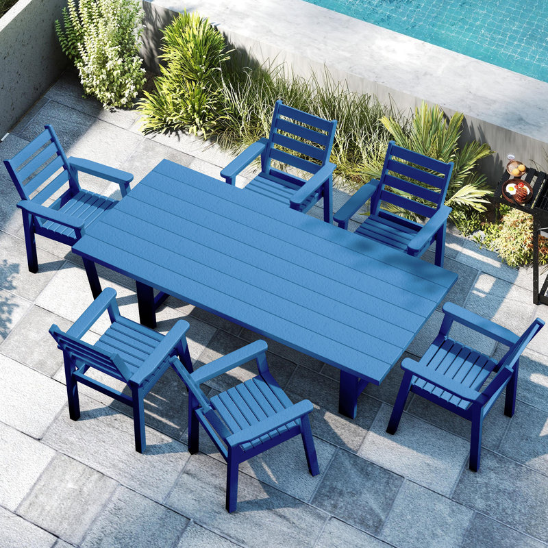 Immie 7- Piece Hdpe Outdoor Dining Table Set With Chairs & Umbrella Hole,Blue, 6, Blue