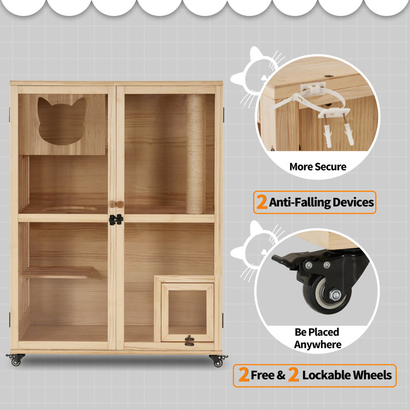 48" Natural Fir Wood Cat Condo with Scratching Post and Wheels