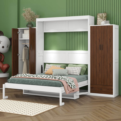 Lit escamotable Murphy avec placard, tiroirs et bureau intégré, lit plateforme traditionnel en bois massif