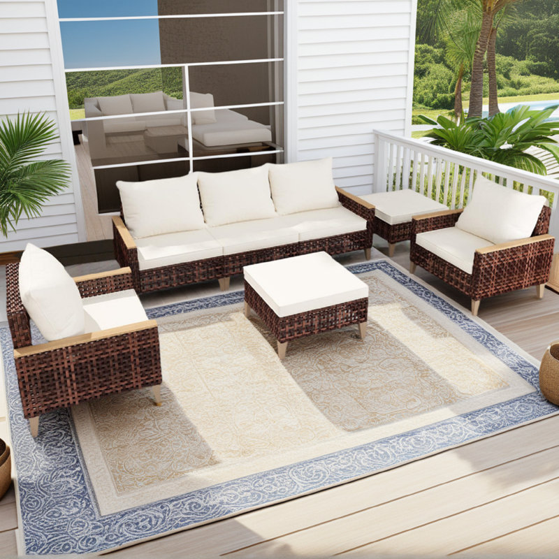 Ensemble de meubles de terrasse en rotin évidé à pieds hauts, 5 pièces, 7 sièges, ensemble de canapé avec coussin, coussin épais de 4 pouces, blanc