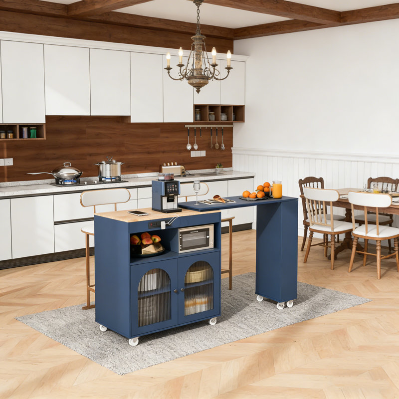 Îlot de cuisine roulant avec table extensible, éclairage DEL, prises de courant et portes en verre cannelé pour les cuisines modernes.