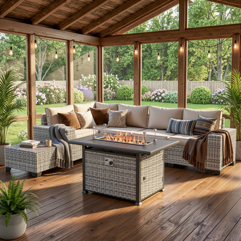 Ensemble modulaire de patio en osier 7 pièces avec table de foyer et ensemble de conversation extérieur rembourré en PEHD 7 pièces