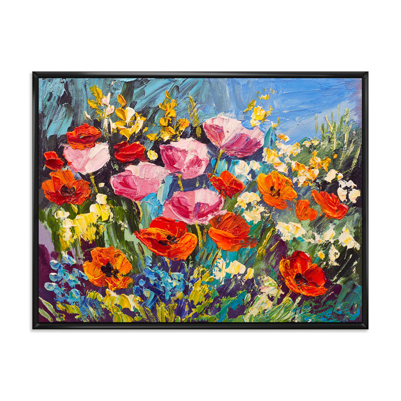 Fleurs printanières colorées - peinture sur toile, H 24 po x l 32 po x P 1 po, Cadre flottant noir