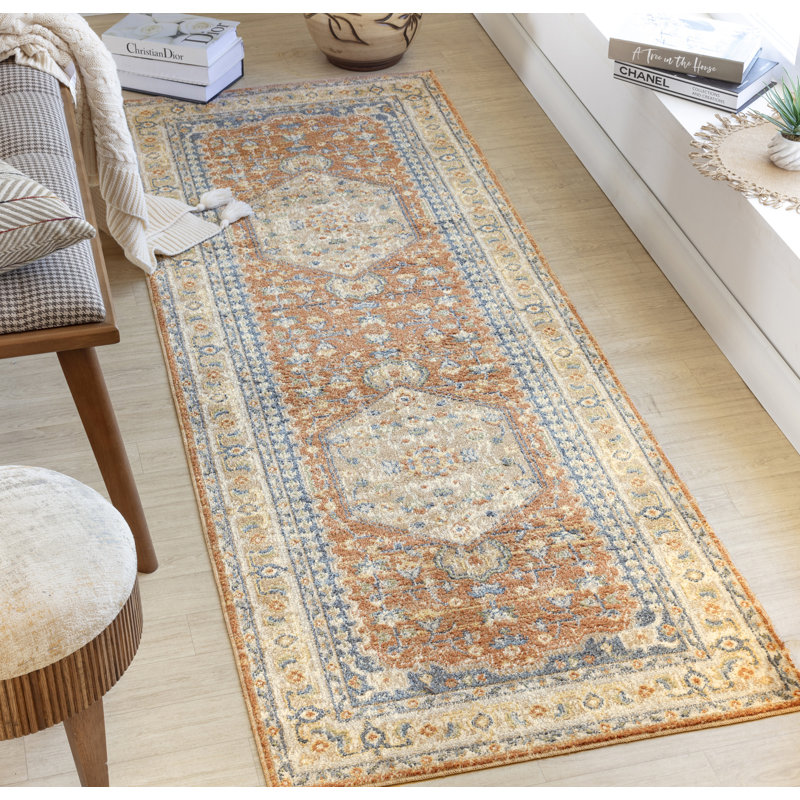 Machine Washable Traditionnal Boho Burnt Orange Area Rug, Runner 79 x 221cm