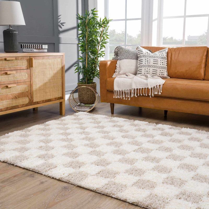 Atiran Checkered Shag Beige Area Rug, Rectangle 6'7" x 9'6"