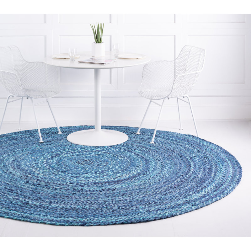 Tapis bleu en coton tressé à la main Panaca, Rond 3 pi 3 po