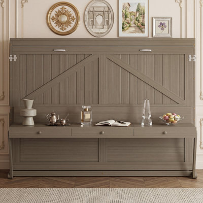 Queen Size Wall Murphy Bed With Storage, Foldable Cabinet Bed With Vanity Desk, Center Mirror & 2 Side Drawers