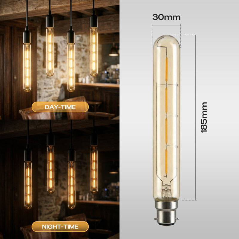 Vintage Bayonet LED Bulb,T185 4W Tubular Dimmable B22 LED Filament Bulb,Edison Warm White 2700K Amber Glass 450lmn,Tube Shape Decorative Lighting Bulb - AC 220V Pack of 2