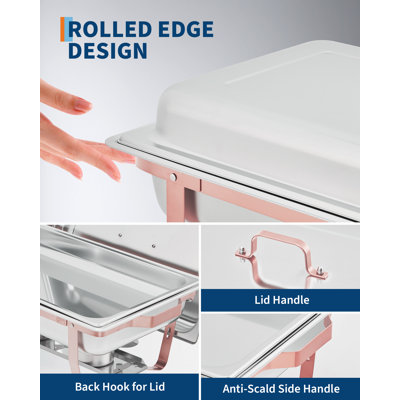 4PCS 8QT Rectangular Stainless Steel Chafing Dish Set Rose Gold Finish Buffet Food Warmer with Lid Collapsible Frame for Party Wedding Commercial Catering Supplies