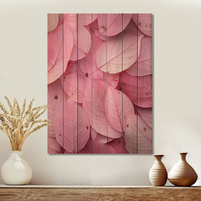 Rose ombre parmi les feuilles II - décoration murale en bois de feuilles - sur bois de pin naturel